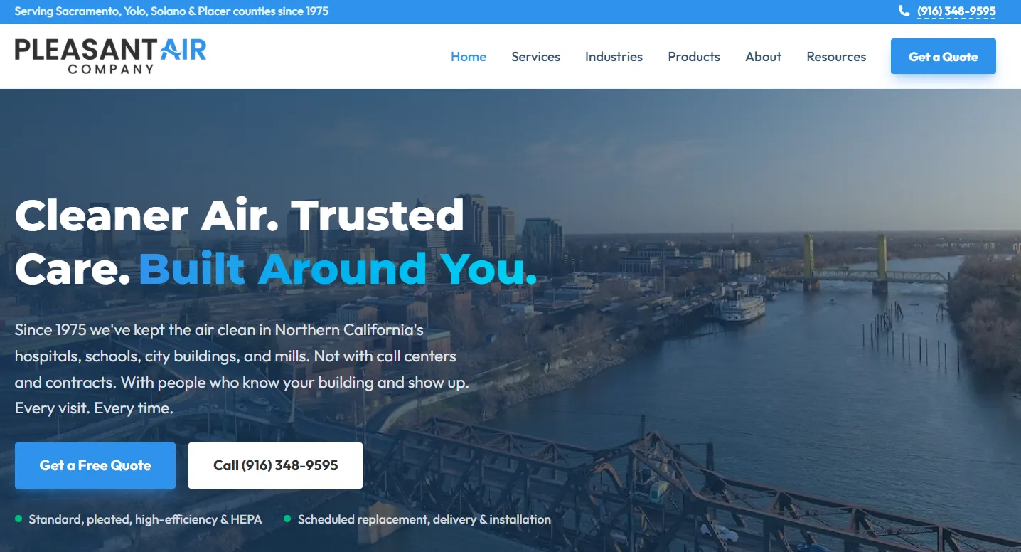 Pleasant Air Company homepage with the headline "Cleaner Air. Trusted Care. Built Around You." over an aerial photo of the Sacramento riverfront